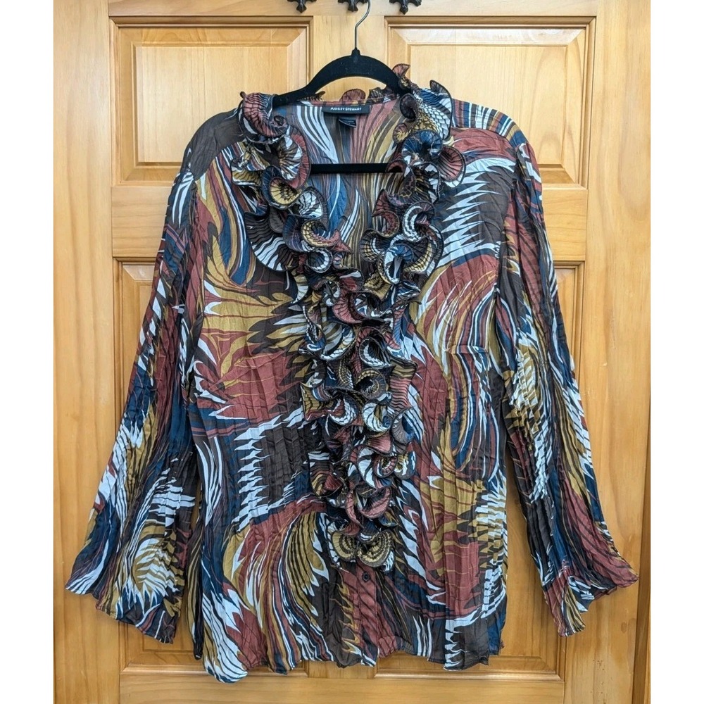 Ashley Stewart Women 20 W Tunic Semi Sheer Ruffle Neckline Front Button-Down Top